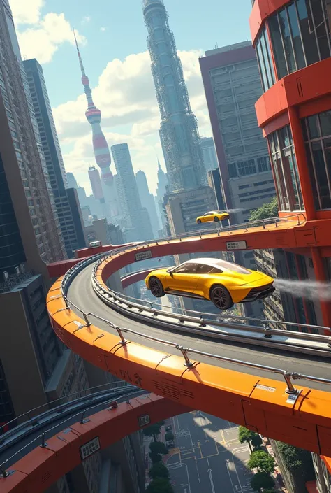 make futuristic year 2082, Tokyo city  with flying cars,color yellow,orange,red