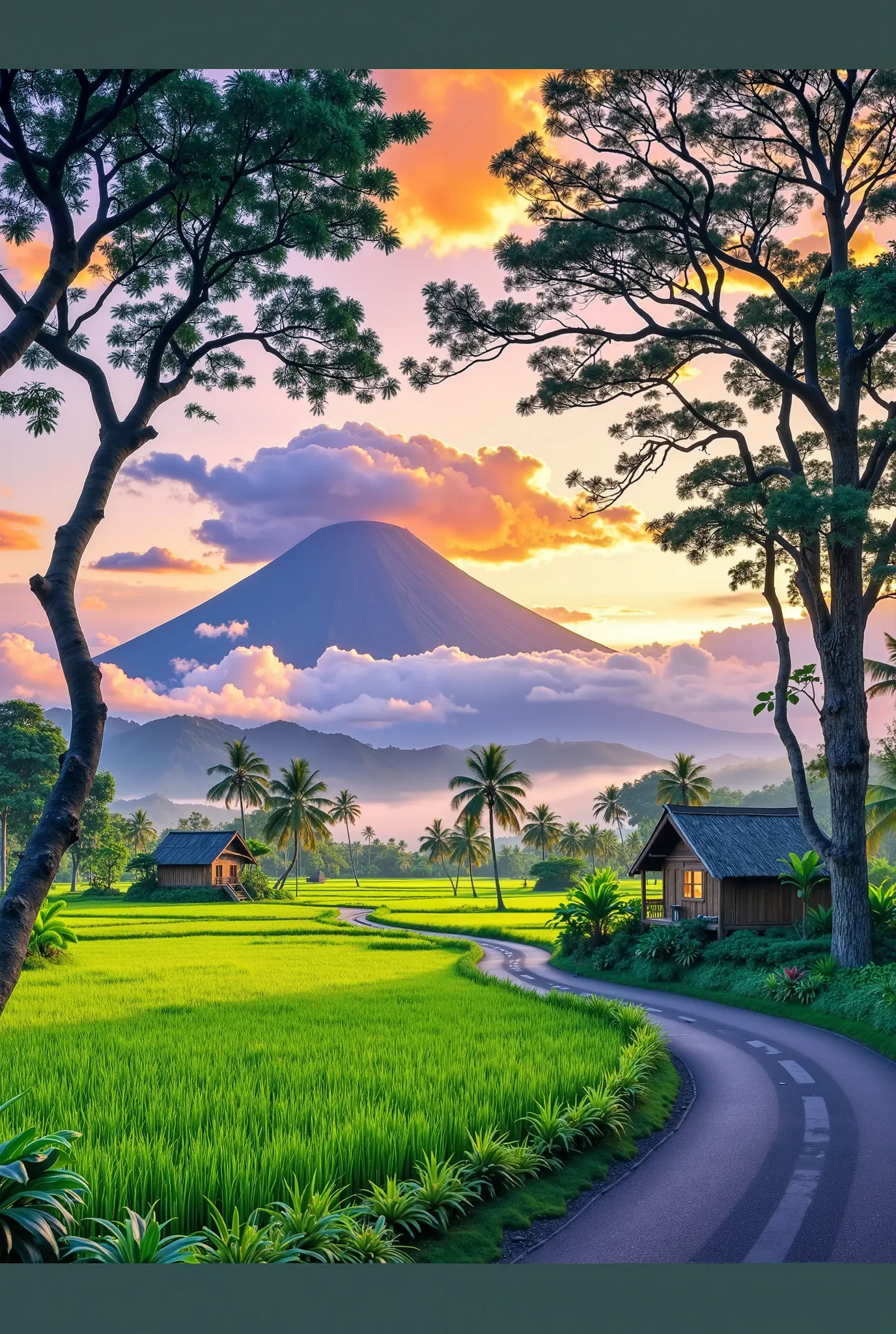 Beautiful tropical countryside landscape with towering volcano in the background.  the orange sky ,  pink , and purple with soft clouds, creates a dramatic sunset atmosphere. The mountain has a perfectly conical peak, shrouded in a little white mist that h...