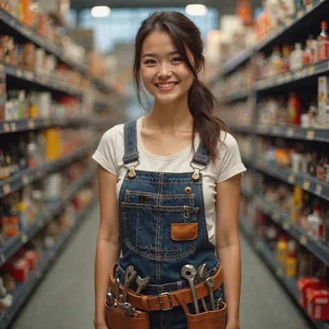 Pale skin, brunette woman, ponytail, wearing overalls and a tool belt, working in the tool aisle of a hardware store, smiling, facing the camera, full body view