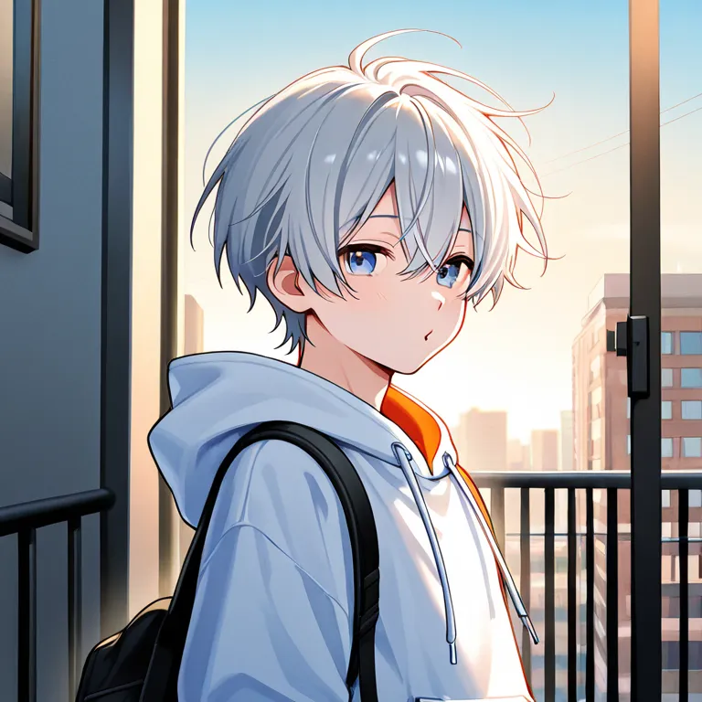 hoodie with dowels、hair parted to the center、 Silver Hair、Height: 178 cm、 easygoing eyes while dribbling、1 man、 friendly atmosphere、 blowing in the wind 、pocket in the city、