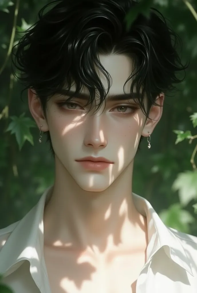 a beautiful young man with delicate facial features, slightly tousled black hair, and soft glowing skin. Have a mole below his right eye. His black eyes , and his lips are tick. He is wearing a simple white shirt, with sunlight filtering through leaves, ca...