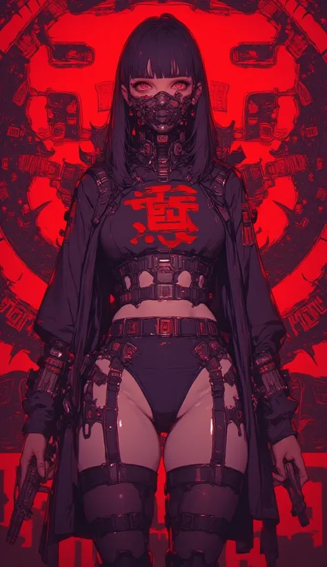 ((Organ background)),women art,25 year old,medium eye size,bob cut with ponytail hair,boobs,v-line hips,long legs,money, power, japanese text written in clothes, iconic,luxury,red,blue glowing eyes,(((demon smile neck mask))),vigina(pussy) showing hips,nor...