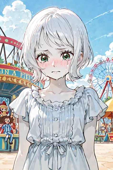 a pretty girl, Nose blush, white hair, olive eyes, pale skin, Cute frilly one piece,  in the amusement park, natural posture, Short hair without bangs, A crying face