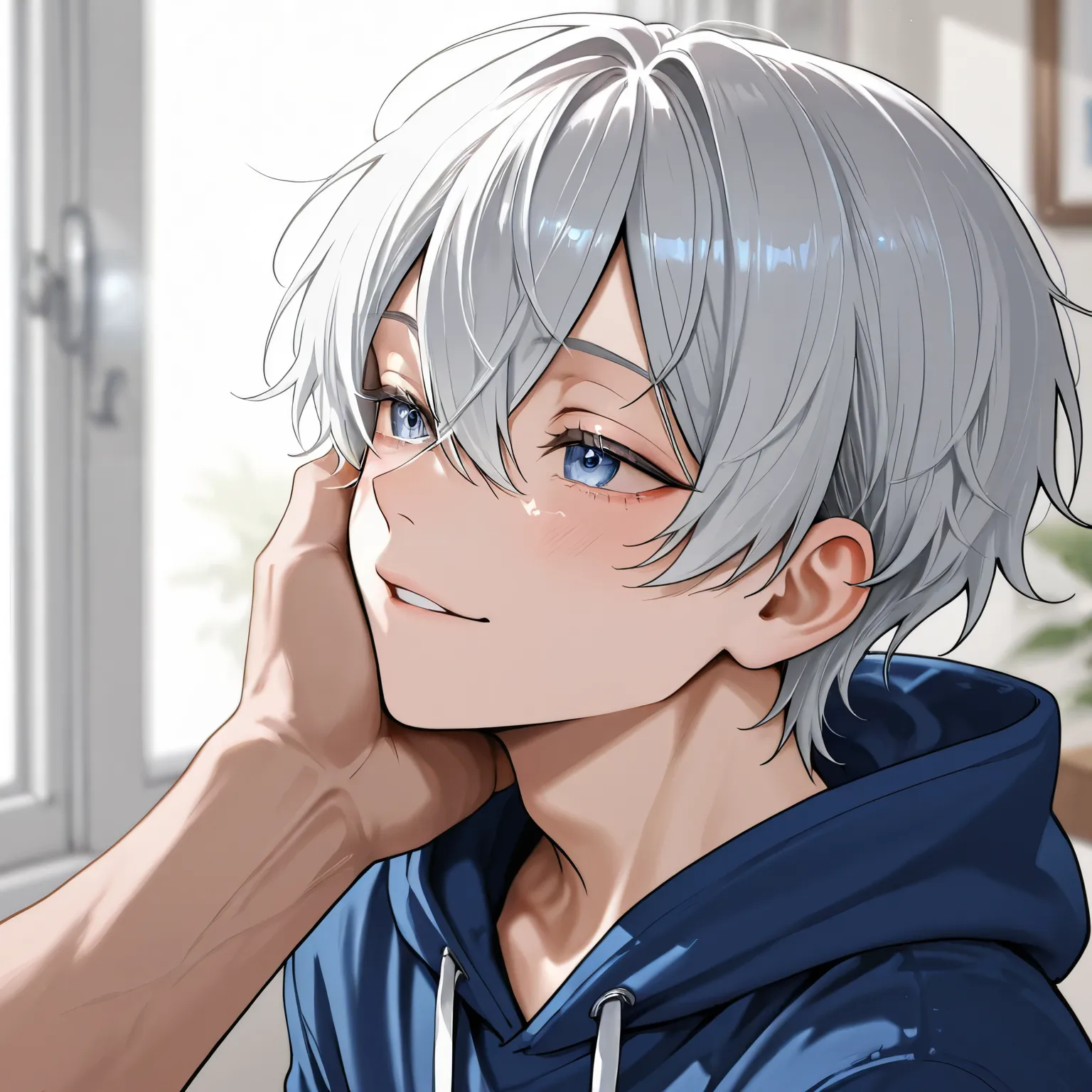 hoodie with dowels、hair parted to the center、 Silver Hair、Height: 178 cm、 easygoing eyes while dribbling、 male、 friendly atmosphere