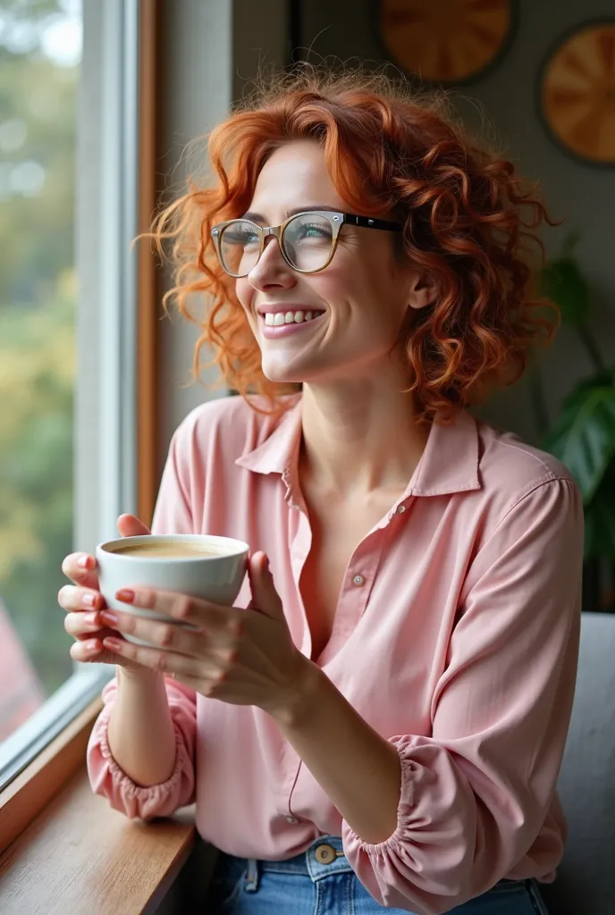 Generate a very realistic and natural photo of a 30-year-old woman, dark eyes, Short red hair over the shoulder and curly, light makeup, She is smiling showing her teeth she wears glasses with beige frames, Are you wearing a pink blouse jeans holding a cup...