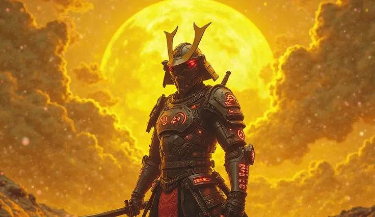 A futuristic cyberpunk-inspired samurai, armor glowing with neon light, standing under a stormy golden sky.