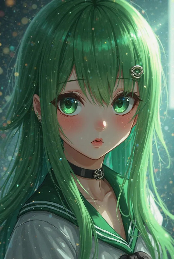 Black-eyed anime girl with green iris, straight hair Bubbly acid green 