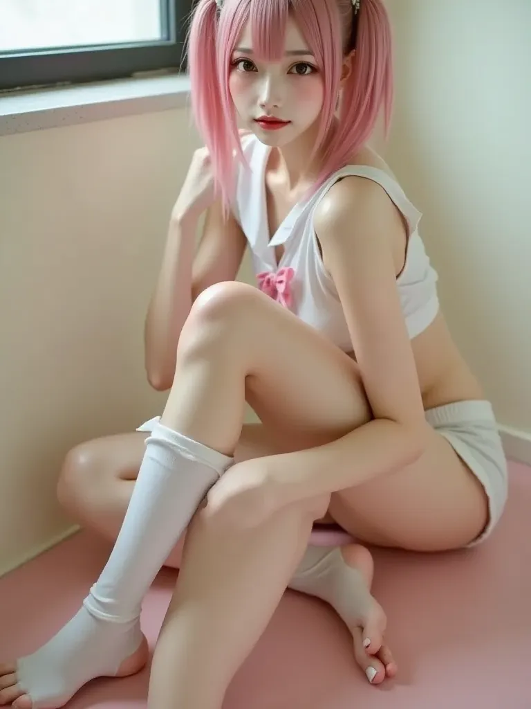 Highest resolution, highest quality, surreal, perfect anatomy, Japanese, wet shiny skin, ahegao, solo, lewd woman, high school uniform, tiny underwear, spread legs, 10 heads, pink Hair, thin and distinctive hairstyle, K-POP idol, toilet, collar