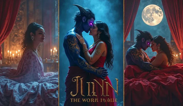 *"A Bollywood-style dramatic movie poster with three intense and sensual scenes, blending passion, mystery, and supernatural romance.

1️⃣ Center Focus: A voluptuous Indian queen with dusky skin, deep neckline, and a loosely draped red silk saree is standi...