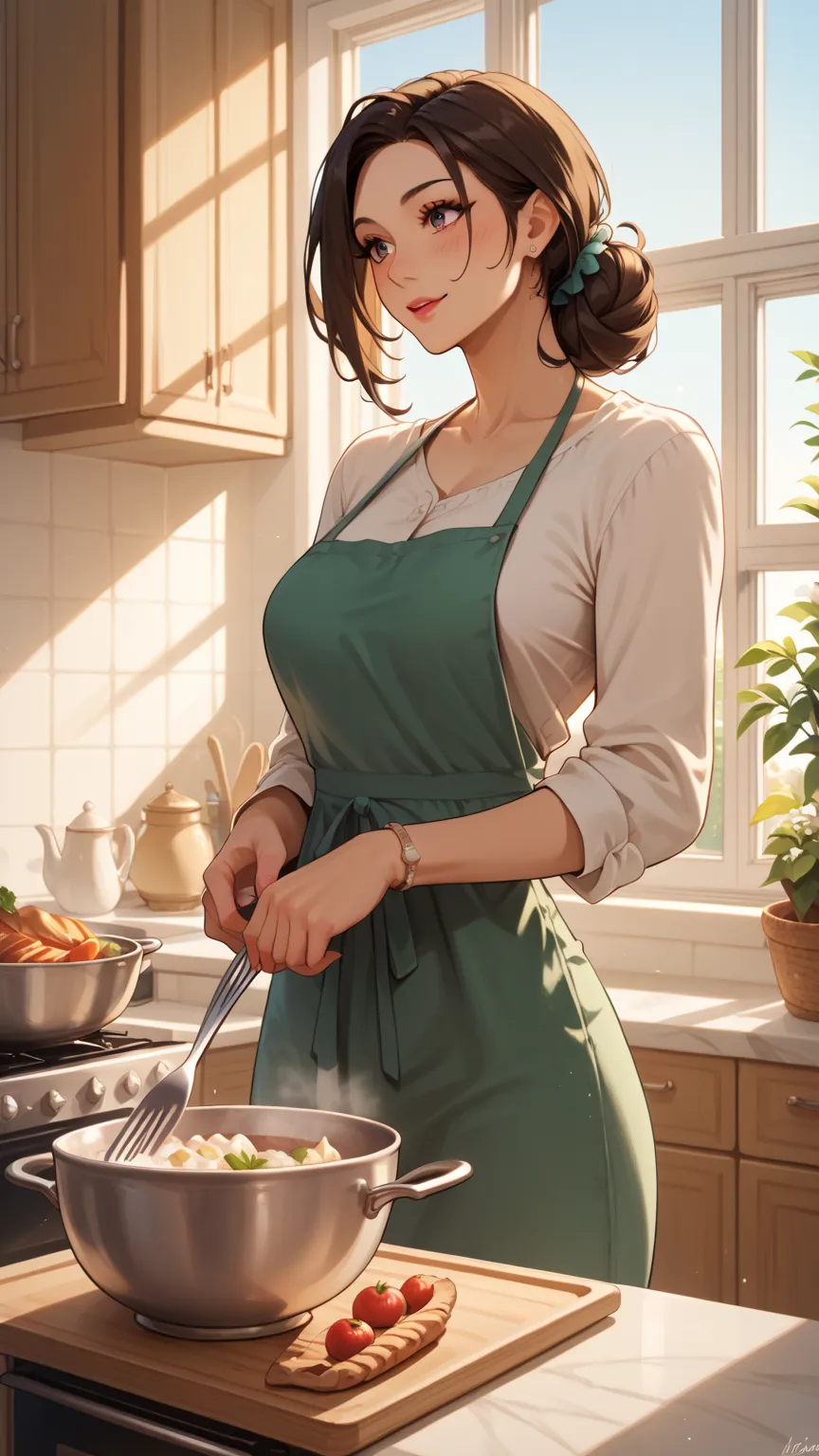 The kitchen is filled with the morning sun, and there is a large window, giving it a green, lived-in feel. A beautiful young mother is cooking breakfast there.