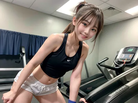   sports gym、cute high school student from below 、A shiny body、sweat、A cute tank top that penetrates pussy with a strap-on 、  cute shorts、   wristband  、 ponytail （ blond with a big face）、 running on the treadmill on the side 、happy smile、 shrimp（  thighs、...