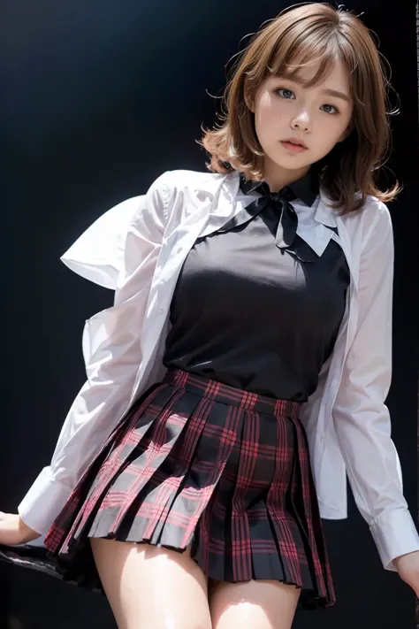 ( top quality, masterpiece, 16k, very well detailed 、 beautiful skin , professional lighting ) 、black background、black background、cute、 black ground,cute girl、(((Japanese girl,black eyes))) 、((( 18-years-old,bob hair、 dress shirt、ribbon、赤 plaid pleated ski...