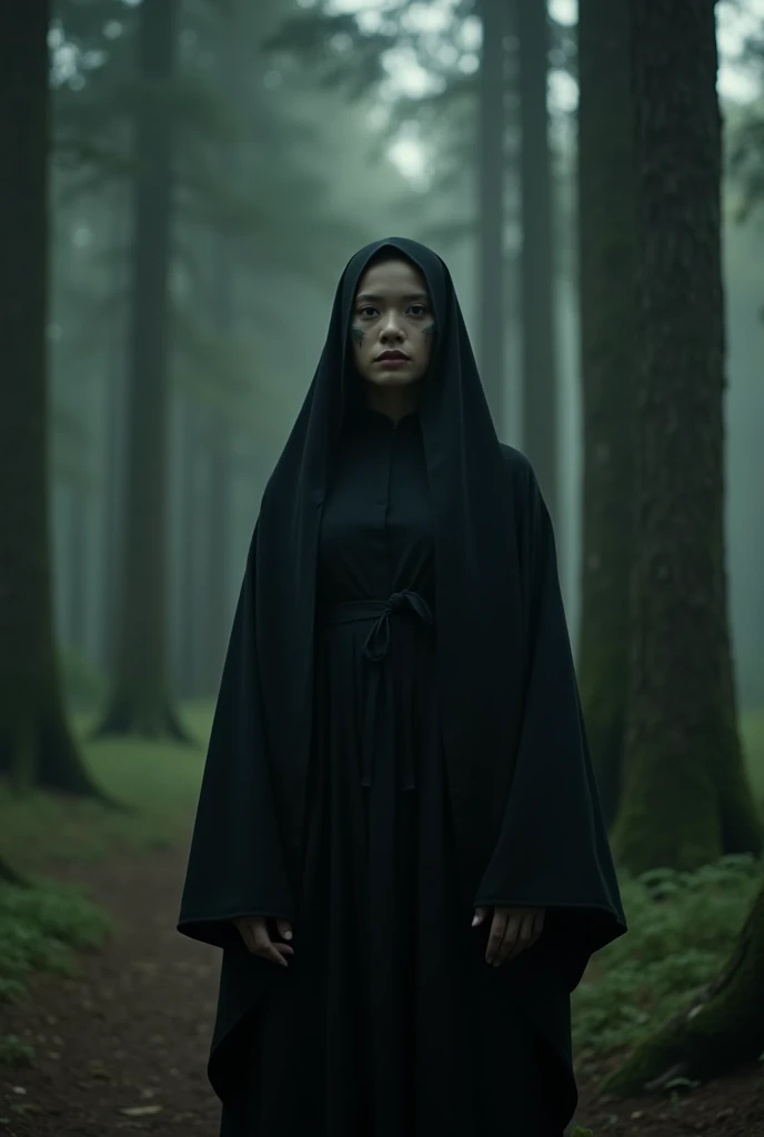 a woman standing in the middle of a forest, javanese mythology, dark cinematic color tones, greek ameera al taweel, hijab, dark make up on her face, television still, pine, from overlord, young asian woman, black robes, cinema still, malaysian, young woman