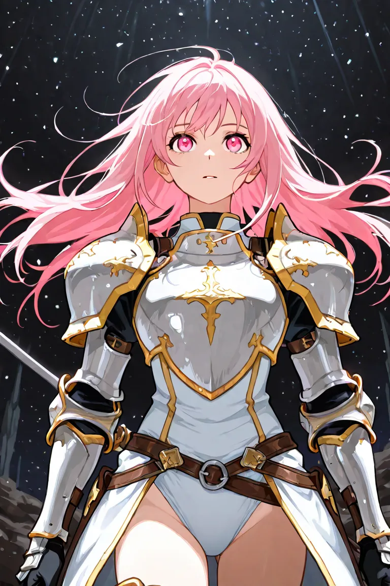 Paladin girl long pink hair open pink eyes ,medium long shot,  from the front, without your hair leaving the image, fondo blanco 