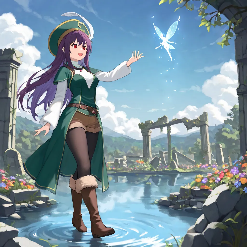 best quality, ( Masterpiece :1.2),  illustration, absurdress,  (1girl, One), (beautiful detailed girl),, Aeolia,  purple hair , Long hair, Red eyes, medium breasts,,  happy, funny,, green hat , hat with feather decoration, green dress, green coat, (fantasy...