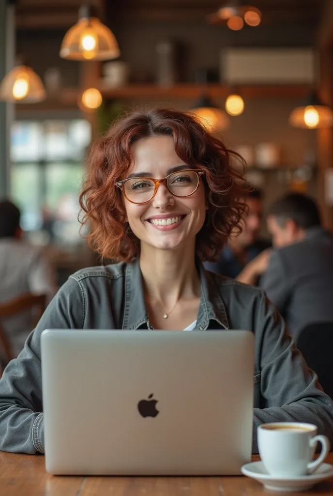 Generate a very realistic and natural photo of a 30-year-old woman, dark eyes, Short red hair over the shoulder and curly, light makeup, She is smiling showing her teeth she wears glasses with beige frames, Are you sitting in a coffee shop 4 m at a table w...