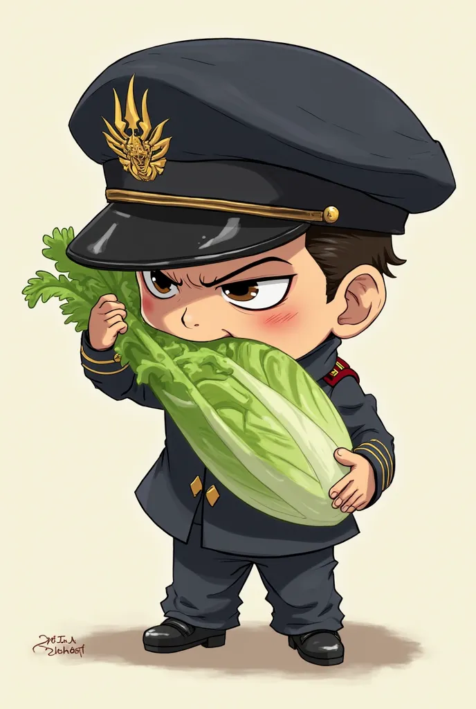 Jotaro Kujo chibi, biting a lettuce,  While sitting  