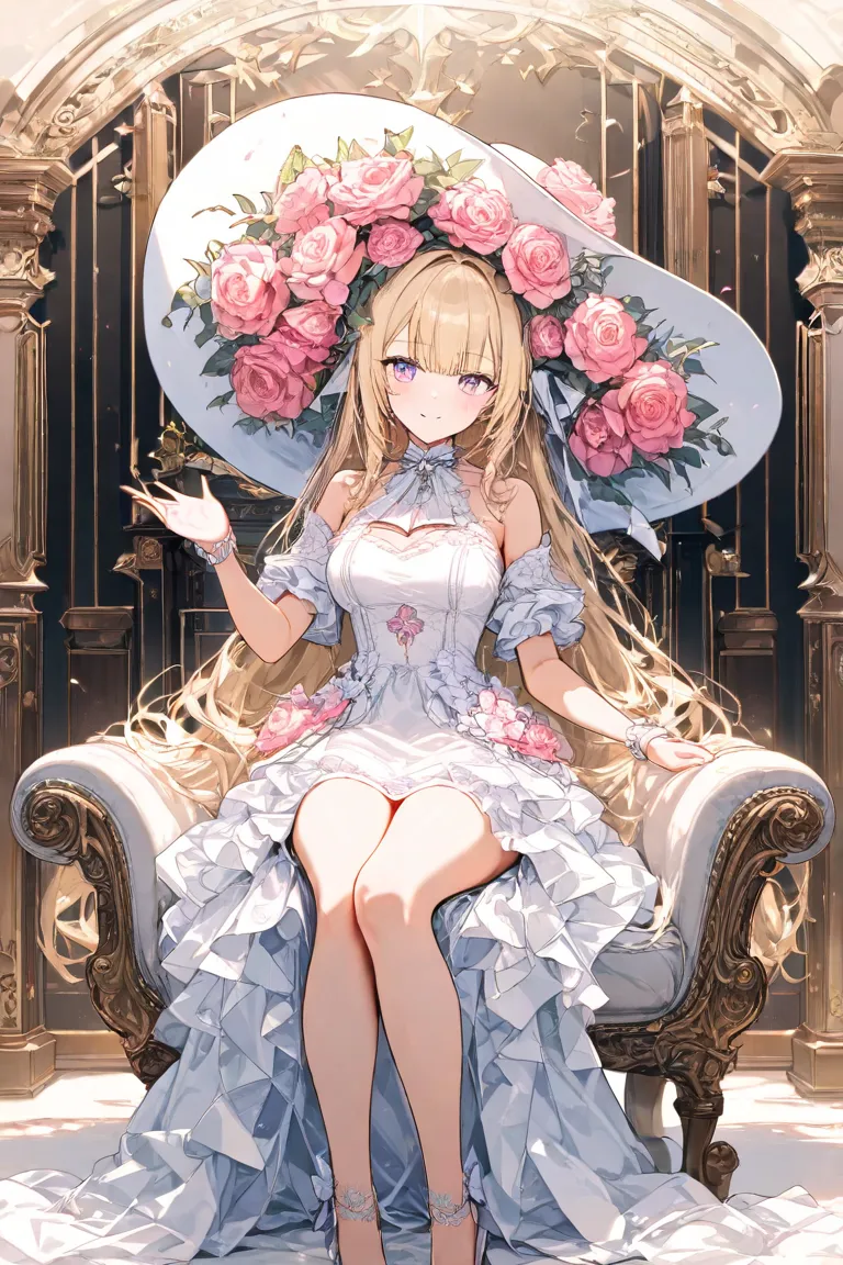 masterpiece,Top Quality,Super Detail,8k, vibes　Girl drinking tea sitting on a chair wearing a white hat　10th Generation　blonde long　 fluffy　white ruffle dress　Young lady　Drinking tea　Shiraishi　White chair　Pink Rose　