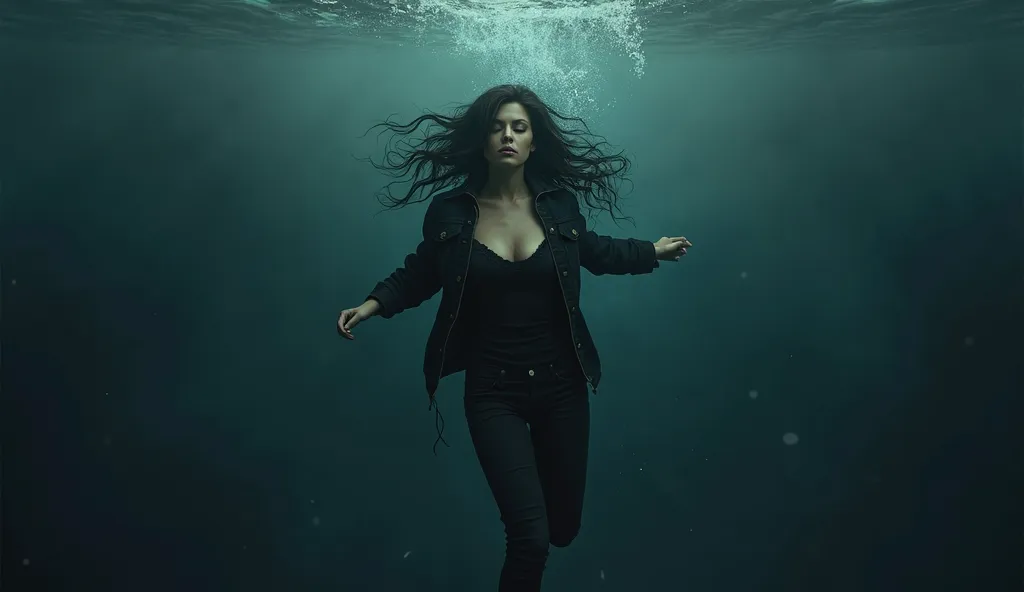 beautiful woman in  black jacket, black jeans, drowned in the under dark water sea, black hair, eyes closed, sexy, photo realistic