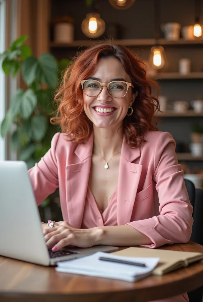 Generate a very realistic and natural photo of a 30-year-old woman, dark eyes, Short red hair over the shoulder and curly, light makeup, She is smiling showing her teeth she wears glasses with beige frames, are sitting in a coffee shop 4 m at a table with ...