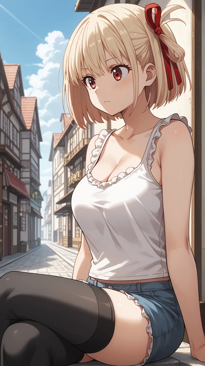 chisato nishikigi, short hair, bangs, blonde hair, red eyes, hair ribbon, one side up, bob cut, large breasts, strings tank top, white tank top, short pants, cleavage, (frilled tank top:1.3), ribbon, thigh highs, sitting, crossed legs, from side, outdoor, ...