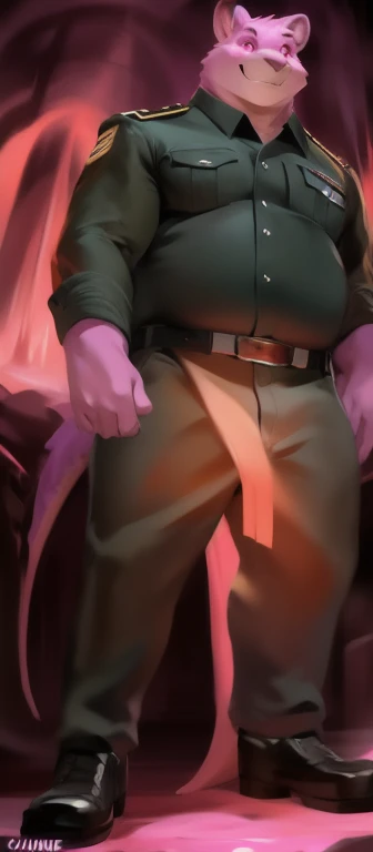 Solo, man big Tall,model tall, huge​ body,​standing, pink lava black Green underworld ,Pink koala ,tail crocodile​ long​, black green Army uniform, overweight, muscular, smirking evil​,pink eyes​, by chunie​