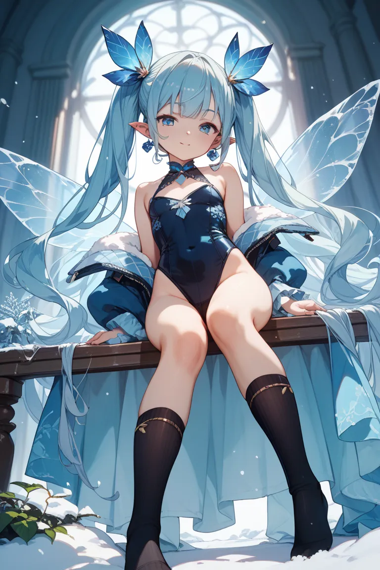  girl about 、Blue long hair twin tails、Snow Fairy、black leotard、Ice Dress、black thigh high socks、absolute region with to、 small tits、hanging eye、The background is simple, plain and focuses on the character