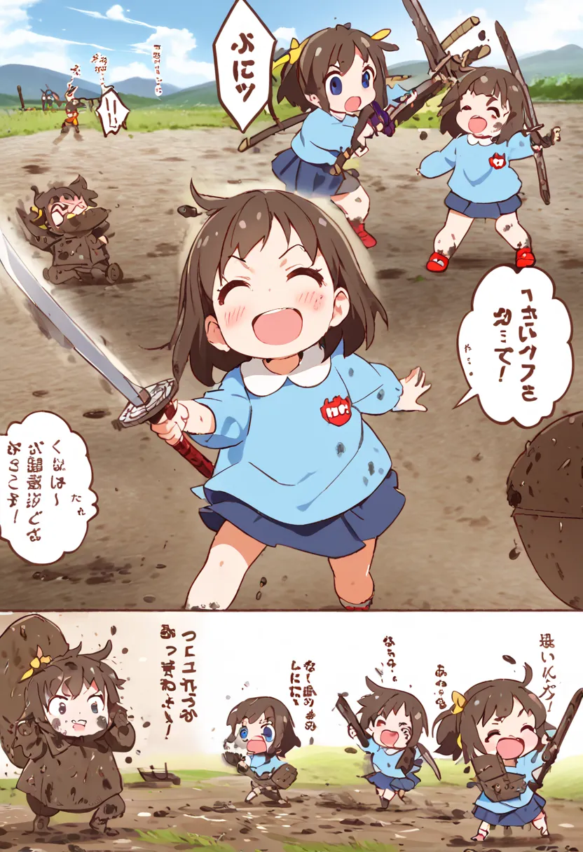 absurd, ５Year old, Kindergarten Mom Clothes, blue smock,  dark blue skirt ,  cute, Sword and Shield,   Chambala, Fighting Girls ,   muddy, battlefield, dirty, Lively, fun,   best smile, Tornスモック, Torn,  muddyのスモック, Mud sticks , best smudge,  muddy skirt, S...