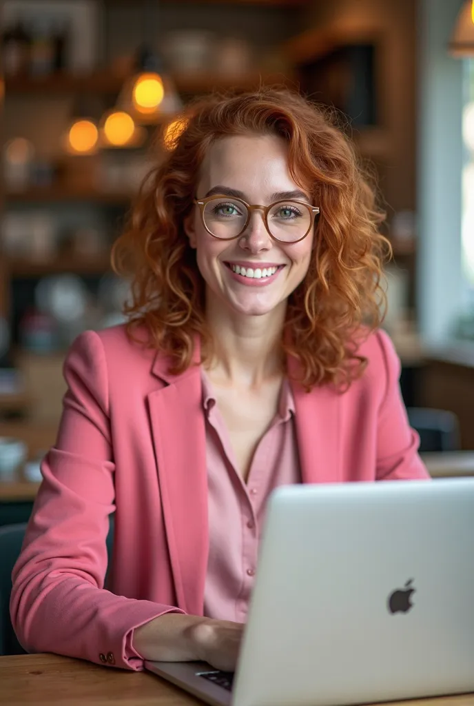 Generate a very realistic and natural photo of a 30-year-old woman, dark eyes, Short red hair over the shoulder and curly, light makeup, She is smiling showing her teeth she wears glasses with beige frames, are sitting in a coffee shop 4 m at a table with ...