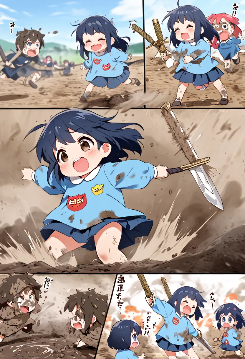 absurd, ５Year old, Kindergarten Mom Clothes, blue smock,  dark blue skirt ,  cute, Sword and Shield,   Chambala, Fighting Girls ,   muddy, battlefield, dirty, Lively, fun,   best smile, Tornスモック, Torn,  muddyのスモック, Mud sticks , best smudge,  muddy skirt, 