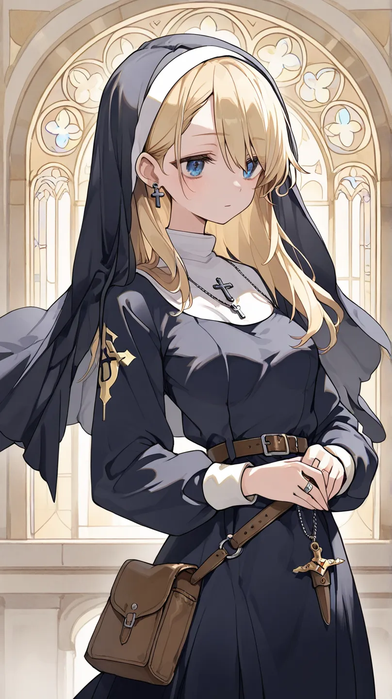 Female clergyman 　Long blonde hairstyle　 blue eye　medium chest　loose, matte, deep dark blue monastic uniform（ Long Sleeve Dress）　Nun's Veil　accessory, a rosary、Small earrings on the ears、ring、Slightly loose waist belt　Small pouch　Dagger on belt　Background ...