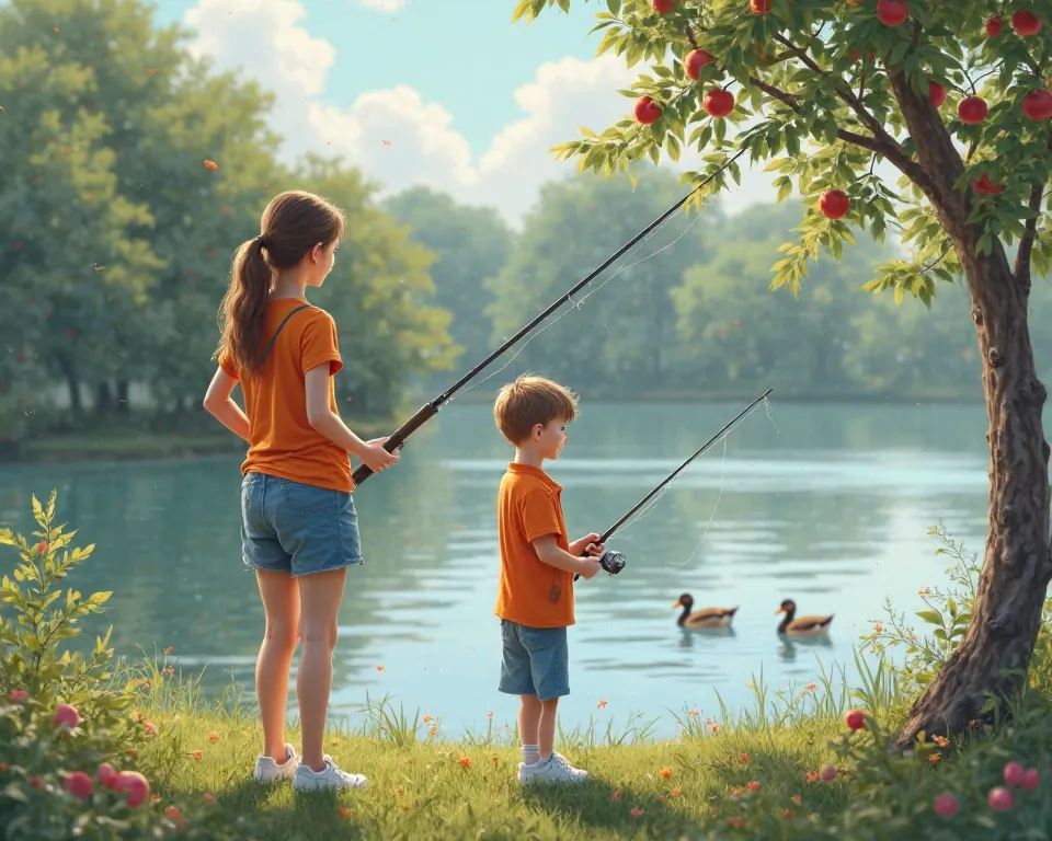 Create a realistic HD 8K Photo image where a girl with her back is fishing with a fishing rod, She wears blue shorts, orange blouse and white sneakers, next to her is a boy fishing with a fishing rod, wearing periwinkle shorts and an orange polo shirt with...