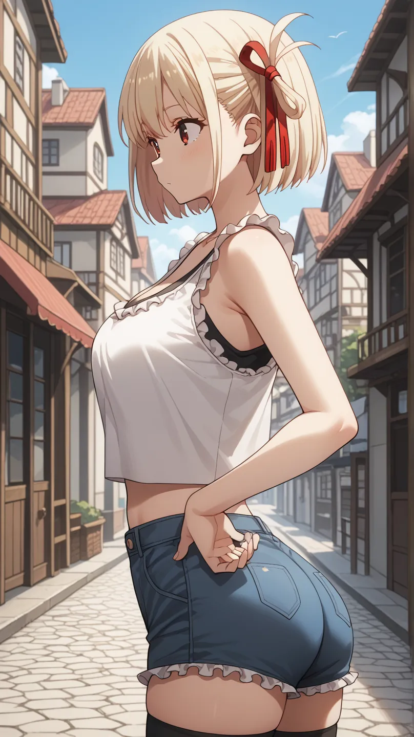 chisato nishikigi, short hair, bangs, blonde hair, red eyes, hair ribbon, one side up, bob cut, large breasts, strings tank top, white tank top, short pants, cleavage, (frilled tank top:1.3), ribbon, thigh highs, waking, ass, from side, outdoor, town, akih...