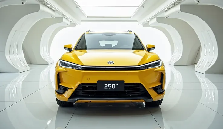 A luxurious white showroom with a The 2026 Land Cruiser 250 taking center stage. The futuristic, yellow vibrant exterior of the The 2026 Land Cruiser 250 gleams showcasing its sleek, aerodynamic design and bold accents. The above view highlights the cuttin...