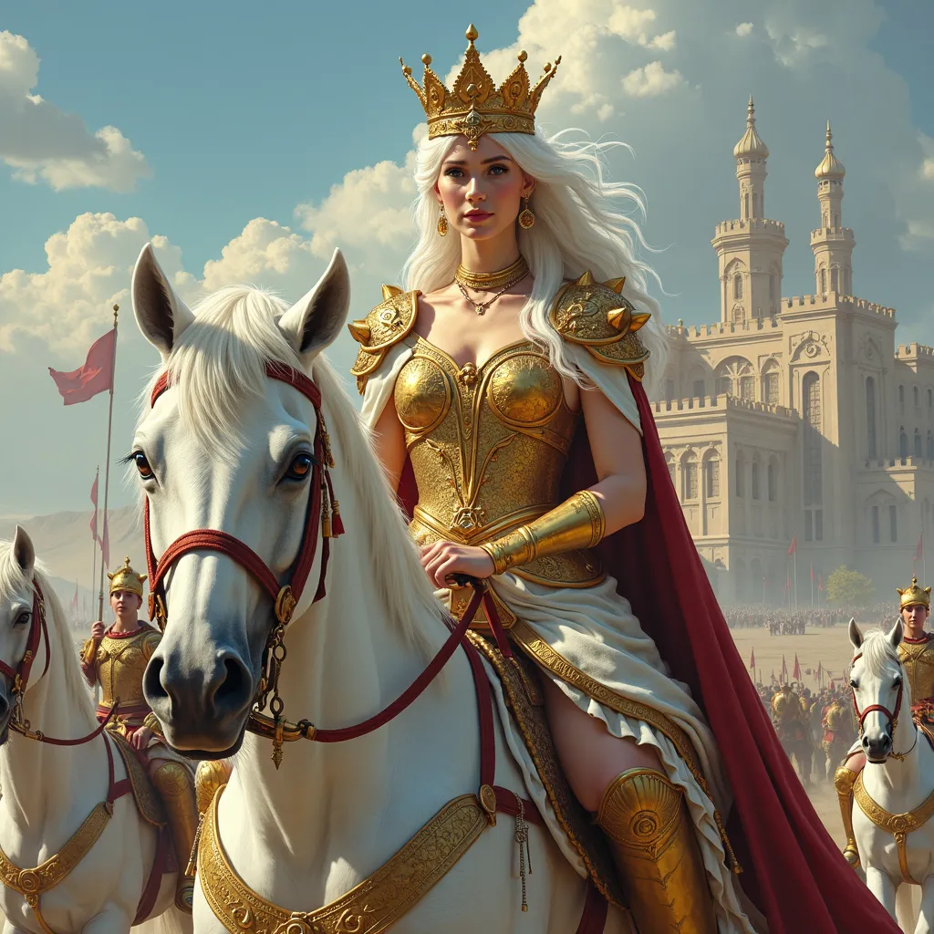 An iconic painting of the queen who rules the Kingdom of Frost shows a close-up of the queen riding on a strong Arabian horse with her golden crown on her head. She also wears decent gold war shields on her body that shows her in a majestic and elegant man...