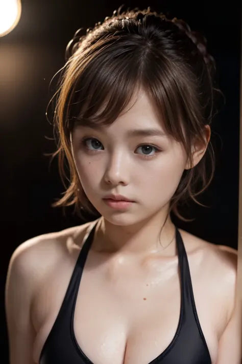 ( top quality, masterpiece, 16k, very well detailed 、 beautiful skin , professional lighting ) 、black background、black background、cute、 black ground,cute girl、(((Japanese girl,black eyes))) 、((( 18-years-old,bob hair、white ONE PIECE swim wear)))