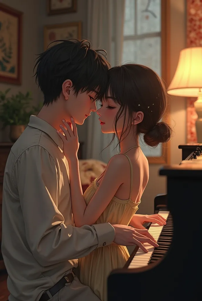 Create me an emotional image of an adult anime boy and girl playing a piano 