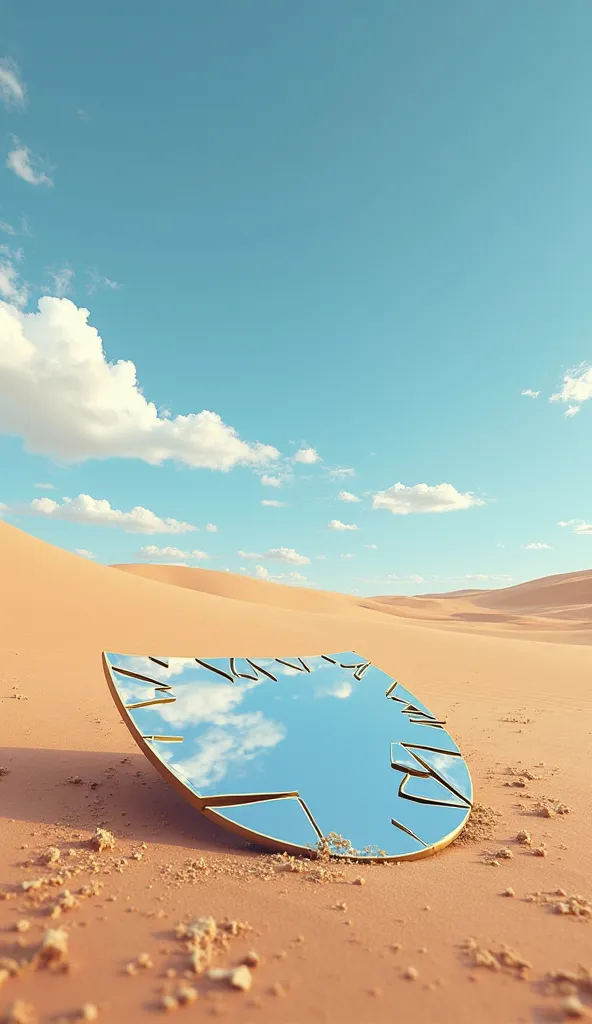 Mirror in the Desert: A broken mirror on the desert floor, reflecting a blue sky and clouds.