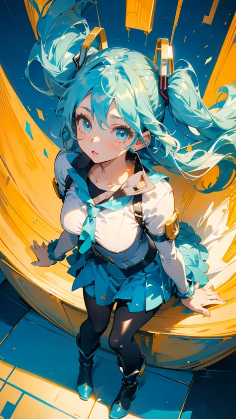  Hatsune Miku,Top Quality,  super fine, 16k,  Incredibly Dumb , very well detailed, Beautiful lovely woman , shy, big, bright eyes,  simple colored background miniskirt,pantyhose, Gold,blue clothes,big goggles on the head,long boots,JoJo's Bizarre Adventur...