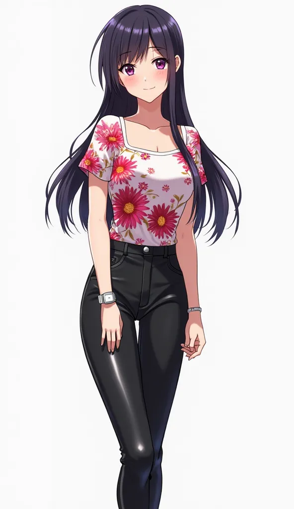 Japanese anime age woman with long straight black hair and short locks dyed in purple and intense magenta eyes and wears a white watch on the wrist of her left arm and a thin black bracelet on her right wrist and wears a blouse with a floral design. The bl...