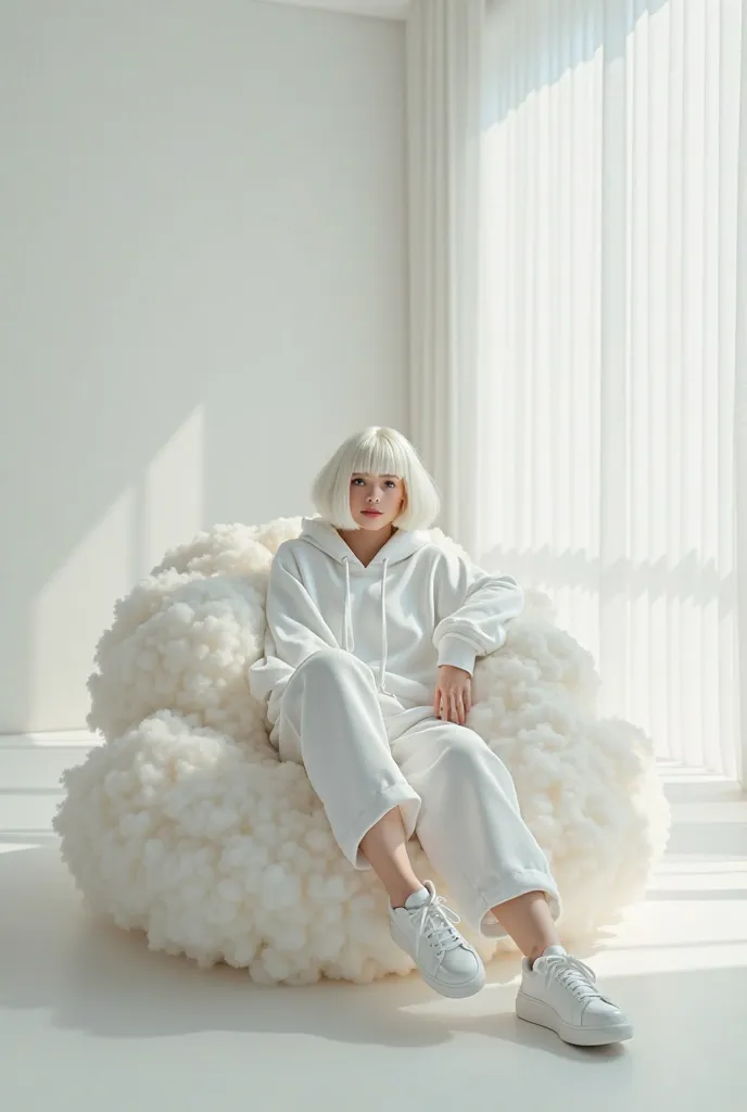 A American model with white bobs sits on a sofa that resembles a fluffy cloud made of mist. She wears a Y2K-style white hoodie set and trendy white sneakers, creating a modern and stylish look. Her posture is casual and casually cool. The sofa is placed in...