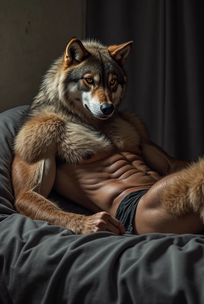 a werewolf bodybuilder in a thong is lying on the bed in a dark room on a dark bed, muscular werewolf, fluffy chest, fluffy chest ,  fluffy abs , fluffy press cubes,  fluffy body,  Hairy brown body ,  Fantasy fur art ,  fluffy body, fluffy wolf, pov furry ...