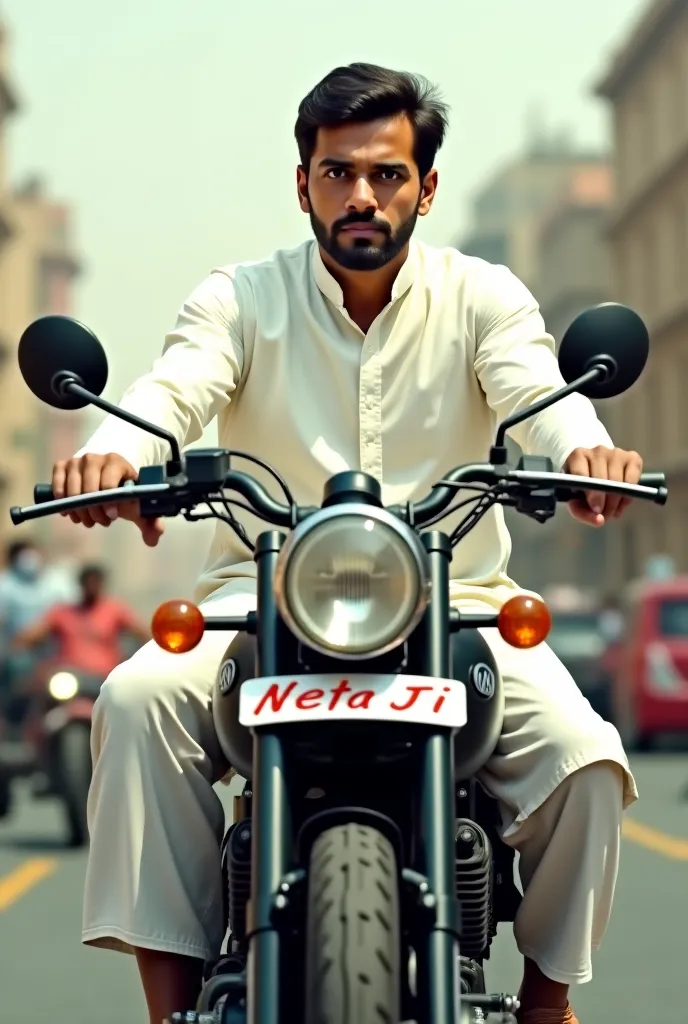 Bullet bike ride man in white kurta dhoti and number plate Neta ji 