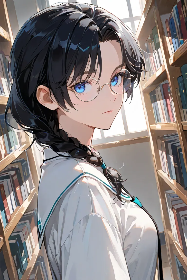 (very high resolution, high resolution, Ultra-precision), adult, detailed eyes, 1 Female, dynamic angle, light skin, Black hair, braided low ponytail, blue eyes, expressionless, magic campus uniform, handsome, round glasses, library