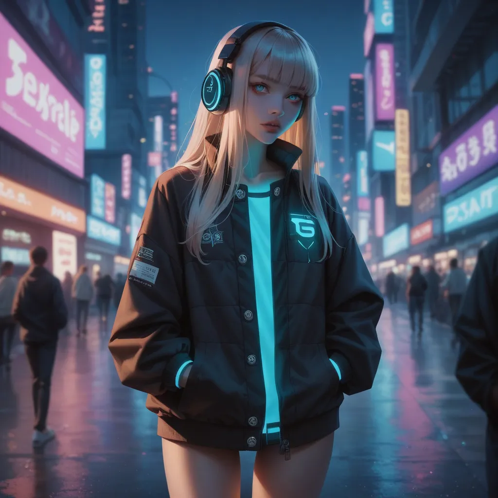 A Japanese woman with blonde long hair and straight bangs, wearing an oversized stadium jacket, gazing downward toward the lower left with hands tucked into the jacket pockets. She wears sleek over-ear headphones, rendered in hyper-realistic detail with na...