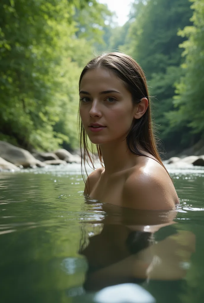 A beautiful girl is taking bath in river, coming out from water, low angle shot, cinematic, beautiful eye catching scene, realistic, absolute reality, real, 4k, cinematic 