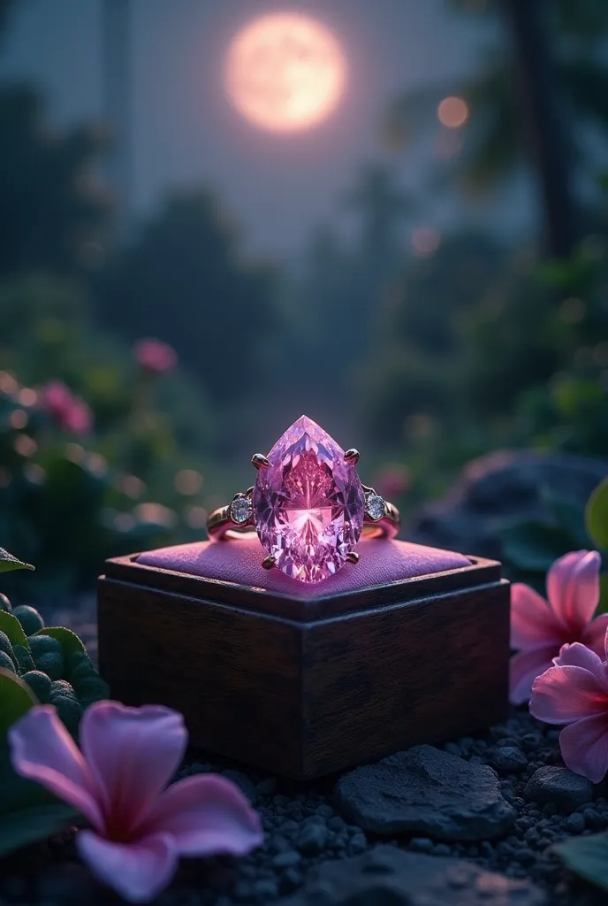 Show me an pink diamond ring in a box , in the middle of the night With a back ground of Jamaica harmony park