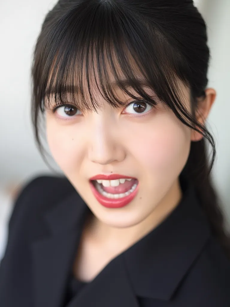 Close-up face,  Kubo Shiori opens her mouth wide,Open mouth， showing teeth，NFSW,pornography, This picture is a close-up portrait of a young woman's teeth、Exhale 、她有一个妩媚张嘴Exhale 的表情. Direct, Dark Hair, Single ponytail style with straight bangs.  She has fai...