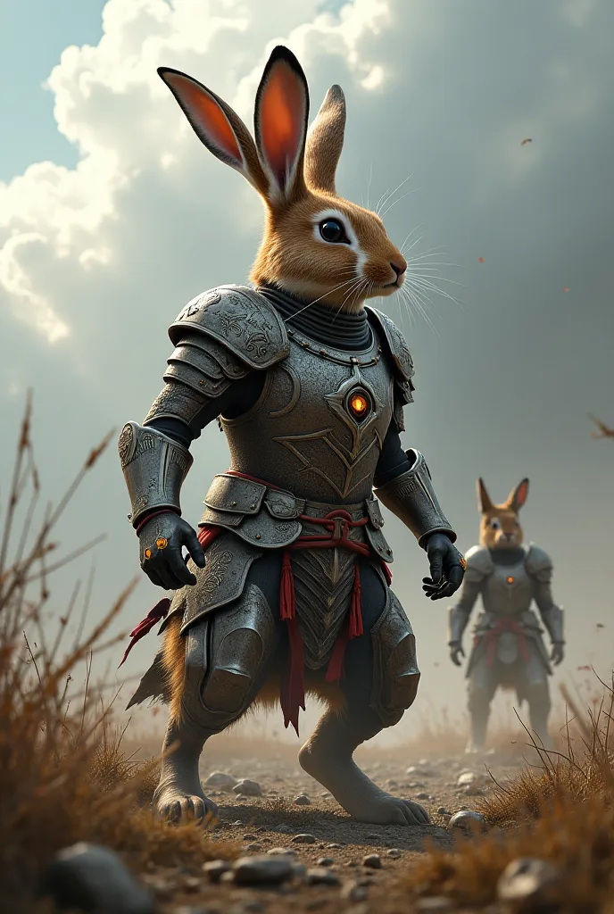 Armored rabbit defeating opponent in battle