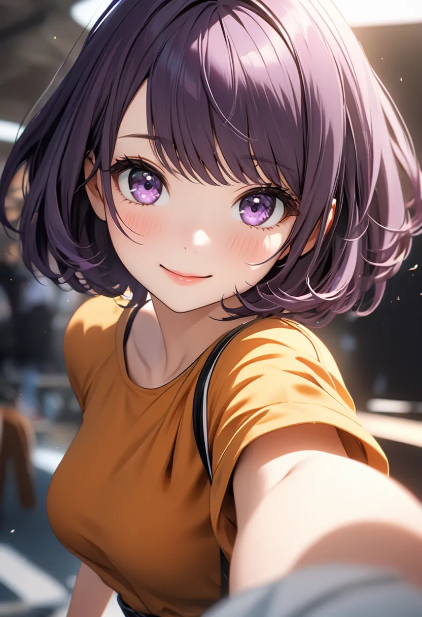 ((masterpiece, best quality, high resolution, UHD,  perfect pixels , depth of field, 4k, RTX, hdr))), 1 girl, single, alone,  beautiful anime girl , beautiful artistic style, anime character, ((A light smile, short hair, Fringe in the center  , dark purple...